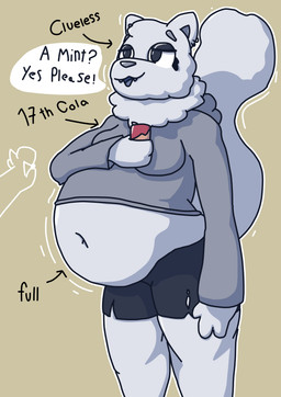 anthro belly belly_inflation beverage_can big_belly big_tail bloated bottomwear breasts candy clothing dessert dialogue ear_piercing eyeshadow female female_anthro food furgonomics furry-specific_piercing huge_belly huge_tail imminent_inflation inflation liquid_inflation makeup mint_(candy) motion_lines navel offscreen_character overweight overweight_anthro overweight_female piercing shorts simple_background soda_inflation solo speech_bubble sweater tail text thick_thighs topwear torn_bottomwear torn_clothing torn_shorts white_body wide_hips 6saw789 domestic_ferret mammal mustelid musteline true_musteline weasel 2024 absurd_res digital_drawing_(artwork) digital_media_(artwork) english_text hi_res shaded