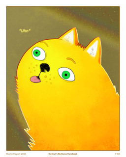 blep border eyebrows fur green_eyes male moan rainbow solo text tongue tongue_out whisker_spots white_border wide_eyed yellow_body yellow_fur sharkinthepark dr_knot_(sharkinthepark) canid canine mammal 2026 4:5 absurd_res comic english_text hi_res