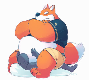 anthro belly black_nose bottomwear clothing duo eyes_closed lying male orange_body overweight overweight_male shirt shorts simple_background sitting_on_another topwear white_background white_body greenendorf canid canine fox mammal 2015