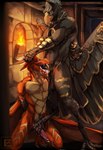 anthro black_body black_claws black_fur claws duo erection fur horn male male/male oral oral_penetration orange_body orange_scales penetration scales white_horn zweikopfeinhorn mythology avian dragon gryphon mythological_avian mythological_creature mythological_scalie scalie hi_res