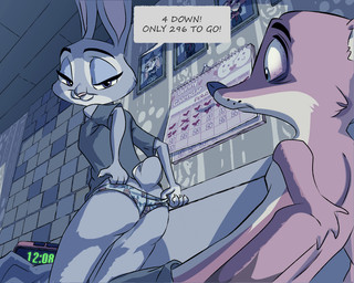 alarm_clock anthro bedroom_eyes butt calendar clock clothed clothing duo female half-closed_eyes male narrowed_eyes off_shoulder panties presenting presenting_hindquarters seductive shirt tired topwear underwear greatveemon disney zootopia judy_hopps nick_wilde american_red_fox canid canine fox lagomorph leporid mammal rabbit red_fox true_fox