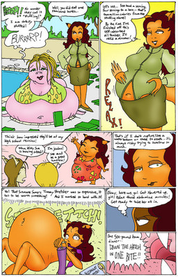 anthro belly big_belly big_breasts breasts clothing female fur green_clothing green_shirt green_topwear imminent_vore inflation orange_body orange_fur outside overweight shirt solo speech_bubble swimming_pool text topwear s.sakurai canid canine domestic_pig fox mammal suid suine sus_(pig) comic english_text