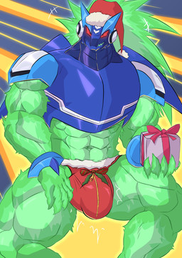 abs anthro armor big_bulge big_muscles big_pecs box bulge christmas_clothing christmas_headwear clothing container costume cybernetics gift_box green_body hat headgear headwear holidays machine male male/male muscular muscular_anthro muscular_male open_mouth pecs red_eyes santa_costume santa_hat solo geryorias capcom christmas mega_man_(series) omega-xis alien cyborg em_being absurd_res hi_res