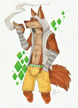 anthro armwear athletic athletic_anthro athletic_male bottomwear brown_body brown_fur bulge cigarette clothed clothing fangs footprint fur green_eyes grey_armwear grey_clothing grey_topwear holding_cigarette holding_object looking_at_viewer male male_anthro mouth_closed navel navel_piercing open_clothing open_topwear pattern_armwear pattern_clothing pawprint pawprint_tattoo piercing pubes shorts smoke solo standing striped_armwear striped_clothing stripes tan_body tan_fur tattoo teeth topwear yellow_bottomwear yellow_clothing yellow_shorts hufnaar canid canine mammal 2019 absurd_res dated hi_res