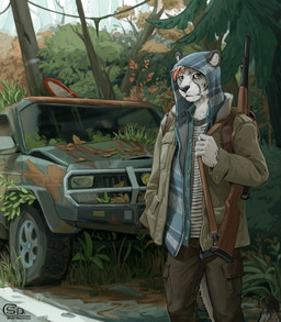anthro backpack bottomwear car clothed clothing detailed_background forest fully_clothed fur furgonomics gun highlights_(coloring) hood_up jacket logo looking_at_viewer male markings open_clothing open_jacket open_shirt open_topwear orange_highlights outside pants plant ranged_weapon rifle shirt solo tail topwear tree vehicle weapon white_body white_fur spiritinchoco cheetah felid feline mammal 2026 artist_logo digital_media_(artwork) hi_res