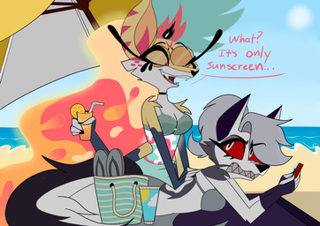 4_arms anthro applying_sunscreen arm_tuft bangs beach beach_parasol beach_towel beverage bikini breasts cartoon_freckles cellphone cleavage clothed clothed_anthro clothed_female clothing day drinking_straw duo electronics eyelashes facial_tuft female freckled_face freckles fur grey_hair hair hair_over_eye holding_beverage holding_cellphone holding_object holding_phone holding_smartphone long_eyelashes lying multi_arm multi_limb on_front orange_slice phone red_sclera sea shoulder_tuft sky smartphone sun sunscreen swimwear towel tuft two-piece_swimsuit water white_body white_eyes white_fur yellow_body yellow_fur starpaintart hellaverse helluva_boss mythology loona_(helluva_boss) queen_bee-lzebub_(helluva_boss) arthropod bee canid canid_demon canine demon fox hellhound hymenopteran insect mammal mythological_canine mythological_creature 2024 absurd_res hi_res