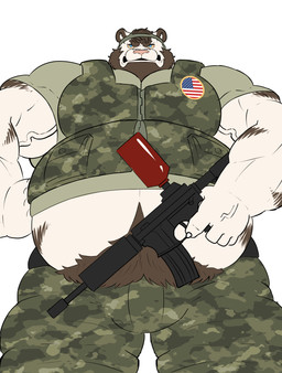 accessory american_flag anthro beard beer_belly belly belly_focus belt biceps big_belly big_muscles black_belt black_clothing blue_eyes body_hair bottomwear brown_beard brown_body brown_facial_hair brown_fur brown_hair brown_pubes brown_sideburns bulge bulge_focus camo camo_bottomwear camo_clothing camo_pants camo_print camo_topwear camo_vest clothing facial_hair fierce fierce_expression fist fur glare green_bottomwear green_clothing green_headband green_pants green_shirt green_topwear green_vest gun hair happy_trail headband holding_gun holding_object holding_ranged_weapon holding_weapon intimidation looming low-angle_view male manly markings menancing military military_clothing military_pants military_uniform military_vest musclegut muscular muscular_anthro muscular_male paint_gun paintball paintball_gun pants park_ranger pattern_bottomwear pattern_clothing pattern_pants pattern_topwear pattern_vest pubes ranged_weapon ranger shirt sideburns simple_background soldier solo striped_body striped_fur striped_markings stripes thick_arms thick_thighs topwear tough_guy uniform united_states_of_america vein veiny_muscles vest warrior weapon white_background white_body white_fur kevinskylet111999 felid feline mammal pantherine tiger hi_res
