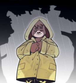 anthro black_nose brown_body bulge clothed clothing coat freckles furgonomics legwear looking_at_viewer male raincoat raining slightly_chubby smile smirk smug solo standing thick_thighs thigh_highs topwear translucent translucent_clothing wet wide_hips yellow_raincoat submarine_screw animal_crossing nintendo digby_(animal_crossing) canid canine canis domestic_dog mammal shih_tzu toy_dog
