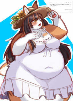 5_fingers adjusting_hat anthro belly big_belly black_hair blush blush_lines bow_ribbon breasts brown_hair claws cleavage clothed clothing dipstick_ears dress ear_markings eyelashes fangs female finger_claws fingers flower flower_accessory front_view fur furgonomic_hat furgonomic_headwear furgonomics hair hand_on_breast hat headgear headwear highlights_(coloring) huge_thighs kemono leaf long_hair looking_up markings medium_breasts multicolored_body multicolored_ears multicolored_fur multicolored_hair navel_outline one_fang open_mouth orange_body orange_eyes orange_fur orange_highlights outline overweight overweight_anthro overweight_female pawpads plant scut_tail short_tail simple_background solo standing sun_hat sundress sunflower tail teeth text thick_thighs white_body white_clothing white_dress white_fur white_inner_ear wide_hips ate_(artist) chunithm chunithm_luminous sega sega_fave wavebox inuhiro_mimimi canid canine canis domestic_dog mammal 2026 absurd_res hi_res japanese_text portrait three-quarter_portrait