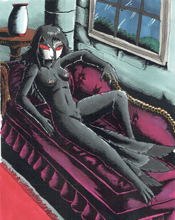 anthro breasts castle dark female inside lounge nipples nude relaxing slim small_breasts solo window nyghtmar3 hellaverse helluva_boss octavia_(helluva_boss) avian bird owl absurd_res hi_res traditional_media_(artwork)