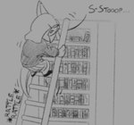 anthro book bookshelf bottomwear clothing dialogue eyewear female furniture glasses hair ladder long_hair long_tail motion_lines skirt solo tail text dumetummy69 cavemanon_studios snoot_game theresa_(snoot_game) dinosaur hadrosaurid ornithischian ornithopod parasaurolophus prehistoric_species reptile scalie 2024 black_and_white english_text monochrome sketch