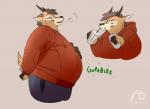 anthro belly beverage big_belly bodily_fluids bodily_noises breath brown_body brown_fur clothed clothing drinking fur hand_on_belly holding_beverage holding_object hoodie horn hungry male open_mouth overweight overweight_anthro overweight_male rumbling_stomach solo sound_effects sweat sweatdrop topwear fattydragonite antelope bovid mammal