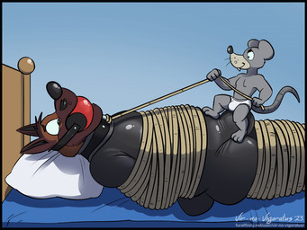 anthro arms_tied bdsm bed bondage bound brown_body brown_fur bulge clothed clothing collar duo facial_hair fur furniture gag genitals grey_body grey_fur head_tuft latex latex_clothing latex_skinsuit legs_tied lying male male/male muscular muscular_anthro muscular_male mustache nervous on_back pecs penis pillow rope rope_pull sitting_on_another sitting_on_penis size_difference skinsuit small_dom_big_sub teeth_showing tight_clothing tuft underwear underwear_only vir-no-vigoratus pip_(muskehounds) porthos_(muskehounds) canid canine canis domestic_dog german_shepherd herding_dog mammal mouse murid murine pastoral_dog rodent 4:3 shaded