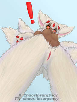 3_fingers 4_arms 5_tails anthro breasts claws clitoris dark_body dark_skin ears_up female fingers fur genitals horn looking_at_viewer low-angle_view multi_arm multi_limb multi_tail nipples orange_eyes solo tail vulva white_body white_fur chaos_1nsurgency made_in_abyss faputa narehate 3:4 absurd_res hi_res