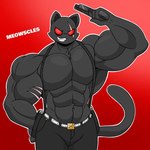 abs anthro belt big_muscles big_pecs black_body black_fur blush bottomwear cat_tail clothed clothing denim denim_bottomwear denim_clothing facial_scar fangs flexing fur gun gun_holster holster huge_muscles huge_pecs jeans looking_at_viewer male muscular muscular_anthro muscular_male overalls pants pecs ranged_weapon red_eyes scar smile smirk solo teeth topless weapon omegabrawl epic_games fortnite meowscles meowscles_(shadow) domestic_cat felid feline felis mammal 1:1