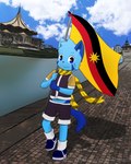 2018 4:5 anthro artist_name blue_body blue_eyes blue_fur blue_sky clothed clothing cloud detailed_background domestic_cat felid feline felis flag fur haziq_(hazumazu) hazumazu hi_res holding_flag holding_object looking_at_viewer malaysian male mammal scarf sky solo standing yellow_scarf young young_anthro young_male