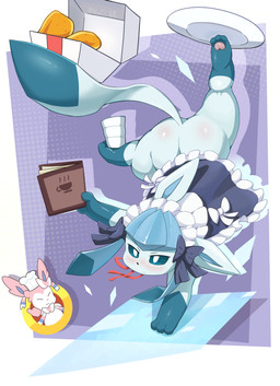 3_fingers accessory ambiguous_gender anthro anthrofied balancing biped blue_body blue_fur blue_pupils blue_sclera blue_tail blue_tail_tip blush blush_lines bottomless bottomless_anthro bottomless_female bow_(feature) bow_accessory bow_ribbon butt chef_hat clothed clothing clothing_bow container cup dipstick_tail duo feet female female_anthro female_focus fingers flexible food front_view fur gesture glistening glistening_butt gloves_(marking) hair_accessory hair_bow hair_ribbon hand_gesture handstand hat headgear headwear hindpaw holding_container holding_cup holding_food holding_object holding_plate holding_with_foot holowear_(pokemon) kemono leg_markings looking_at_viewer maid_headdress maid_uniform markings menu multicolored_body multicolored_fur on_one_hand pawpads paws pink_body pink_fur pink_pawpads plate pokemorph prehensile_tail pupils red_ribbon ribbons simple_background socks_(marking) solo_focus tail tail_markings thumbs_up twin_bows twin_hair_bows two_tone_body two_tone_fur two_tone_tail uniform waiter white_body white_bow white_eyes white_fur nacl_chicken nintendo pokemon pokemon_unite tea_party_style_glaceon canid eeveelution generation_4_pokemon generation_6_pokemon glaceon mammal pokemon_(species) sylveon 2025 absurd_res colored digital_media_(artwork) full-length_portrait hi_res portrait shaded