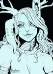 black_background curled_hair ear_piercing facial_piercing female hair horn jewelry long_ears long_fangs mole_under_eye nose_piercing piercing rabbit_nose simple_background solo wavy_hair road~abelgeym humanoid hi_res line_art portrait