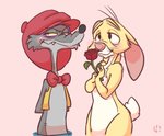 anthro blush bow_tie clothing duo embarrassed flower fur grey_body grey_fur hat headgear headwear holding_flower holding_object holding_rose male male/male plant rose_(flower) yellow_body yellow_fur 4pcsset disney winnie_the_pooh_(franchise) rabbit_(winnie_the_pooh) stan_the_woozle lagomorph leporid mammal rabbit woozle