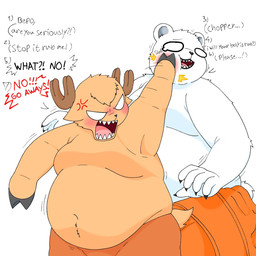 angry anthro belly big_belly blush brown_body dialogue duo male moobs overweight overweight_male text white_body wanbohkerias one_piece bepo_(one_piece) tony_tony_chopper bear deer mammal minkmen_(one_piece) new_world_deer polar_bear reindeer ursine 1:1 2026 english_text hi_res