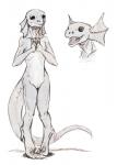 anthro digitigrade female flat_chested genitals nude pussy shy simple_background skinny solo tail syrinoth lizard reptile scalie monochrome