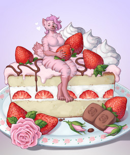 anthro breasts cake cake_slice chest_tuft dairy_products dessert dipstick_ears dipstick_tail ear_markings facial_piercing featureless_breasts female flower food fruit fur gloves_(marking) gold_(metal) gold_piercing hair humanoid_hands leg_markings looking_at_viewer markings medium_hair micro multicolored_ears nose_piercing nose_ring piercing pink_body pink_fur pink_hair plant ring_piercing rose_(flower) sitting_on_food socks_(marking) solo strawberry strawberry_shortcake_(food) striped_body striped_fur stripes tail tail_markings tuft whipped_cream matokiro 2026 digital_drawing_(artwork) digital_media_(artwork) english_description hi_res