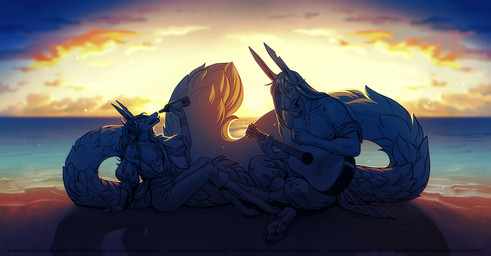 acoustic_guitar alcohol anthro beach beverage braided_hair clothing curly_hair duo ear_piercing eyes_closed guitar hair jewelry landscape long_ears long_tail male male/male musical_instrument piercing plucked_string_instrument scar string_instrument tail tongue tongue_out wine road~abelgeym canid canine mammal