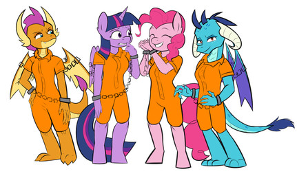 anthro biped bound chain chained cuff_(restraint) eyes_closed female group handcuffed handcuffs horn looking_at_viewer metal_cuffs orange_jumpsuit prison_uniform restraints simple_background tail white_background wings carouselboi friendship_is_magic hasbro my_little_pony mythology pinkie_pie_(mlp) princess_ember_(mlp) smolder_(mlp) twilight_sparkle_(mlp) dragon earth_pony equid equine horse mammal mythological_creature mythological_equine mythological_scalie pony scalie winged_unicorn 2022 absurd_res digital_media_(artwork) hi_res