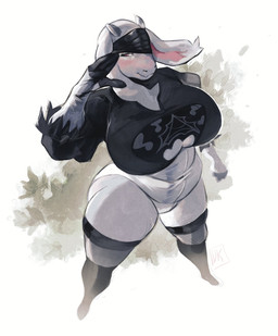 2_horns 4_fingers anthro big_breasts blindfold blush bodysuit boots breasts clothing cosplay curvy_figure eyelashes female fingers floppy_ears footwear fur horn huge_breasts legwear mature_female one_eye_obstructed shoes skinsuit smile solo standing thick_thighs thigh_boots thigh_highs tight_clothing voluptuous white_body white_fur wide_hips darkriallet nier_automata platinumgames undertale_(series) toriel yorha_2b boss_monster_(undertale) bovid caprine goat mammal 2025 hi_res