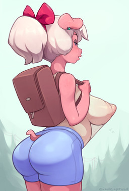 accessory anthro areola backpack big_breasts blue_eyes bottomwear bow_(feature) bow_accessory bow_ribbon breasts butt centered_hair_bow clothed clothing ear_piercing evergreen_tree female fully_clothed hair hair_accessory hair_bow hair_ribbon half-closed_eyes narrowed_eyes nipples outside piercing pine_tree pink_body pink_skin plant randoseru ribbons shorts side_view solo translucent translucent_clothing tree white_hair cyancapsule emelie_(cyancapsule) domestic_pig mammal suid suine sus_(pig) 2016 hi_res