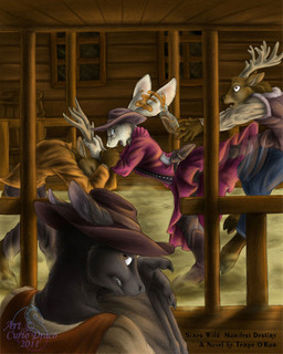 alcohol anthro antlers bat_wings beer beverage black_body black_fur blue_eyes boots brown_body brown_eyes brown_fur clothed clothing cowboy_hat dress female fight footwear fur grey_body grey_fur group gun handgun hat headgear headwear horn male membrane_(anatomy) membranous_wings ranged_weapon revolver shoes weapon wings curiodraco sixes_wild jordan_blake six_shooter bat deer hare lagomorph leporid mammal megabat 2011 4:5 story story_at_source
