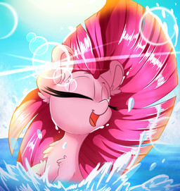 day eyes_closed female feral fur hair open_mouth outside partially_submerged pink_body pink_fur pink_hair sky solo sun water madacon friendship_is_magic hasbro my_little_pony pinkie_pie_(mlp) earth_pony equid equine horse mammal pony absurd_res hi_res