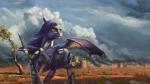 ambiguous_gender armor brown_eyes detailed_background feral hair holding_melee_weapon holding_object holding_sword holding_weapon hooves melee_weapon membrane_(anatomy) membranous_wings purple_hair sky solo standing sword weapon wings bra1neater hasbro my_little_pony fan_character bat_pony equid mammal hi_res