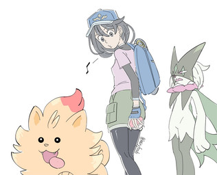 ambiguous_gender anthro backpack baseball_cap bottomwear brown_eyes clothed clothing disgust female feral fur green_body green_fur group hat headgear headwear legwear low-angle_view musical_note musical_symbol open_mouth pursed_lips red_eyes running shirt shorts simple_background standing stockings symbol tongue tongue_out topwear trio whistling white_background wolf_whistle yellow_body yellow_fur hairyfood1 distracted_boyfriend nintendo pokemon pokemon_winds_and_waves female_protagonist_(pokemon_wiwa) canid canine felid feline generation_10_pokemon generation_9_pokemon human mammal meowscarada pokemon_(species) pombon 2026 meme