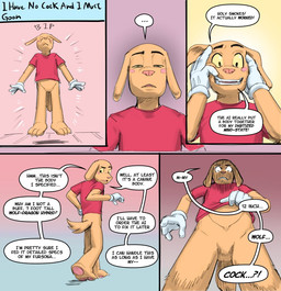 anthro biped bottomless bottomless_anthro bottomless_male clothed clothing dialogue ellipsis eyebrows featureless_crotch floppy_ears gloves handwear humor male null red_clothing red_shirt red_t-shirt red_topwear shirt solo speech_bubble t-shirt tail text topwear white_clothing white_gloves white_handwear yellow_sclera berububs glitch_productions the_amazing_digital_circus scratch_(tadc) canid canine canis domestic_dog mammal comic english_text