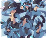 abstract_background ambiguous_gender anthro bodily_fluids bruised carrying_another group multiple_poses pose solo_focus spikes spikes_(anatomy) staff sweat sweatdrop trio white_flag syuya nintendo pokemon generation_4_pokemon lucario pokemon_(species) riolu absurd_res hi_res