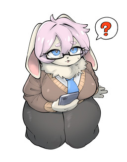accessory anthro big_breasts blush breasts cellphone clothed clothing electronics eyebrows eyewear female fluffy fluffy_chest fur glasses hair holding_object holding_phone looking_at_viewer necktie phone pink_hair simple_background smartphone solo speech_bubble thick_thighs topwear wide_hips xeppir lagomorph leporid mammal rabbit 2025 hi_res