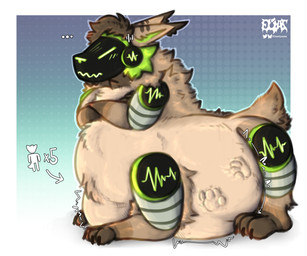 arrow_pointing_to_belly belly big_belly border brown_body brown_ear_tips brown_fur crossed_arms digestion dipstick_ears directional_arrow ear_markings eyes_closed foot_imprint fur green_eyes green_inner_ear green_mouth green_nose huge_belly hyper hyper_belly imprint machine male markings multicolored_ears multiple_prey pouting protogen_armor protogen_visor rumbling_stomach solo tan_body tan_fur vore white_border eliaslynxie elias_(eliaslynxie) protogen taur 2026 absurd_res digital_drawing_(artwork) digital_media_(artwork) english_description hi_res