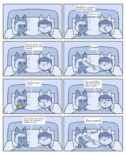 anthro banana dialogue duo female food fruit hitting hitting_head humor male plant sleeping text under_covers mr_harinezumi bonk_(meme) jean_and_aristo_(comic) jazz_aristotle jean_blueeyes arctic_fox canid canine domestic_cat felid feline felis fox mammal siamese_cat true_fox absurd_res comic hi_res spanish_text translated