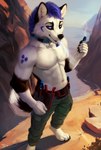 4_toes anthro athletic athletic_anthro athletic_male bottomwear clothed clothing collar collar_tag detailed_background digitigrade feet fingers fur hair holding_vape looking_at_viewer male navel outside pecs smile smoke smoking solo standing tail teeth toes tools topless topless_anthro topless_male vape dimonis canid canine canis domestic_dog husky mammal nordic_sled_dog spitz digital_media_(artwork) hi_res