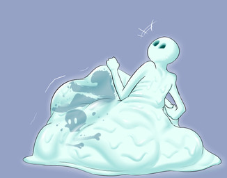 belly big_belly bone bones_in_stomach butt death digestion duo fatal_vore hand_on_belly huge_belly legless looking_at_viewer male mouthless not_furry rear_view simple_background skull soft_vore translucent translucent_body unwilling_prey vore white_body da~blueguy yu-gi-oh! neo-spacian_glow_moss goo_creature humanoid 2025