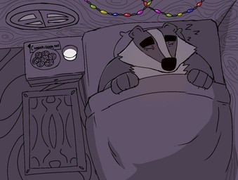 anthro bed bedding bedroom blanket christmas_decorations cookie eyes_closed food furniture inside lying male milk pillow sleeping slightly_chubby solo text bencomedion beastly_crimes beastly_crimes_(2024) chief_badger badger mammal mustelid musteline 2025 russian_text