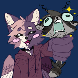 anthro blush blush_stickers bulging_eyes choker clothing duo eyebrows eyelashes eyes_closed facial_tuft fluffy fluffy_tail fur green_eyes green_internal grey_body grey_fur hoodie jewelry long_eyelashes male male/male multicolored_body multicolored_fur multicolored_wings necklace open_mouth pink_cheeks purple_body purple_clothing purple_fur purple_hoodie purple_topwear screaming sparkles tail topwear tuft wings resi jasper_(toasty_teddy) victor_(mrmoopne) calico_cat domestic_cat felid feline felis mammal procyonid raccoon 1:1 alpha_channel hi_res