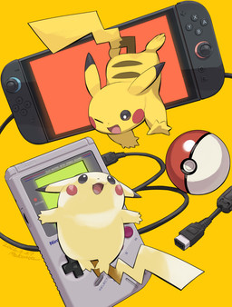 ambiguous_gender black_eyes cable cheek_spots dipstick_ears duo ear_markings electronics feet feral fur game_console multicolored_ears one_eye_closed open_mouth open_smile pokeball simple_background smile tail yellow_background yellow_body yellow_fur yellow_tail makotoo game_boy_family nintendo nintendo_switch_2 pokemon generation_1_pokemon mammal pikachu pokemon_(species) rodent 2026 dated digital_media_(artwork) hi_res signature