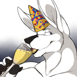 anthro black_claws black_nose black_pawpads blue_eyes claws clothing drinking finger_claws fur gradient_background group hat headgear headwear male male_anthro muscular muscular_anthro muscular_male nude oral_vore party_hat pawpads simple_background stick_figure vore white_body white_fur solaxe_(artist) kangaroo macropod mammal marsupial 1:1