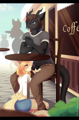anthro anthro_on_anthro anthro_penetrated anthro_penetrating anthro_penetrating_anthro black_penis blue_eyes blush bottomwear clothed clothing coffee_shop duo electronics erection fellatio female female_penetrated genitals half-closed_eyes heart_symbol horn long_tongue looking_at_genitalia looking_at_penis male male/female male_penetrating male_penetrating_female narrowed_eyes one_eye_closed open_bottomwear open_clothing open_pants oral oral_penetration outside pants penetration penile penis phone public sex sitting tail text tongue tongue_out tonguejob under_table re-sublimity-kun mythology erica_(seratn) sedary_(seratn) domestic_cat dragon felid feline felis mammal mythological_creature mythological_scalie scalie 2015 digital_media_(artwork) english_text shaded