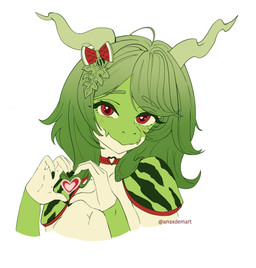 accessory anthro armor big_breasts breasts collar female food fruit gesture green_hair hair hair_accessory heart_eyes heart_gesture heart_pupils heart_symbol horn melon plant red_eyes solo watermelon anaxdemart melonie_(spirit_shadow) kobold scalie watermelon_kobold absurd_res bust_portrait hi_res portrait