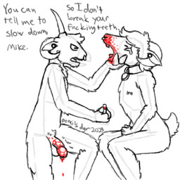 abuse abused anthro blood blood_in_mouth blood_on_face blood_on_hand blood_on_penis bodily_fluids collar collar_only crying dialogue duo ear_piercing facial_piercing flesh_tunnel fur genital_piercing genitals gore hair horn long_hair male male/male missing_tooth nipple_piercing nipples nose_piercing nose_ring nosebleed nude open_mouth penis penis_piercing piercing ring_piercing tears teeth text wool_(fur) wounded pencilsdgr bjorn_(pencilsdgr) bovid caprine mammal sheep 1:1 2023 digital_media_(artwork) english_text lol_comments low_res sketch
