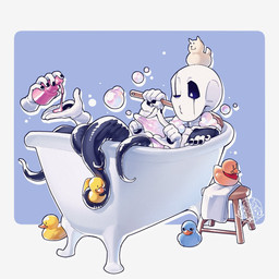 ambiguous_gender back_brush bald bath bathing bathtub black_nails black_sclera bone bubble bubble_bath claw_foot_bathtub colored_nails disembodied_hand facial_markings head_markings holding_object holding_rubber_duck hole_in_hand markings multi_hand multi_limb nails not_furry o3o one_eye_closed puckered_lips pupils rubber_duck skeleton soap soap_bubbles solo tentacles white_pupils reignbeaux13 undertale undertale_(series) gaster animated_skeleton humanoid undead 1:1 hi_res male_(lore)