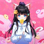 :3 accessory animal_ear_fluff animal_ears bangs black_hair blue_eyes blush breasts cat_tail clothed clothing dessert doughnut female food food_in_mouth fur hair hair_accessory headgear headwear hood hood_down hoodie long_hair looking_at_viewer medium_breasts mouth_hold pastry pink_background pointy_ears prick_ears shadow simple_background sleeves_past_wrists smile solo tail topwear upper_body white_body white_clothing white_fur white_hoodie white_tail white_topwear minj_kim animal_humanoid cat_humanoid domestic_cat felid felid_humanoid feline feline_humanoid felis humanoid mammal mammal_humanoid 1:1 hi_res